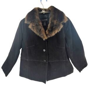 Dialogue Black Leather Jacket Faux Fur Collar‎ Exposed Seam Statement